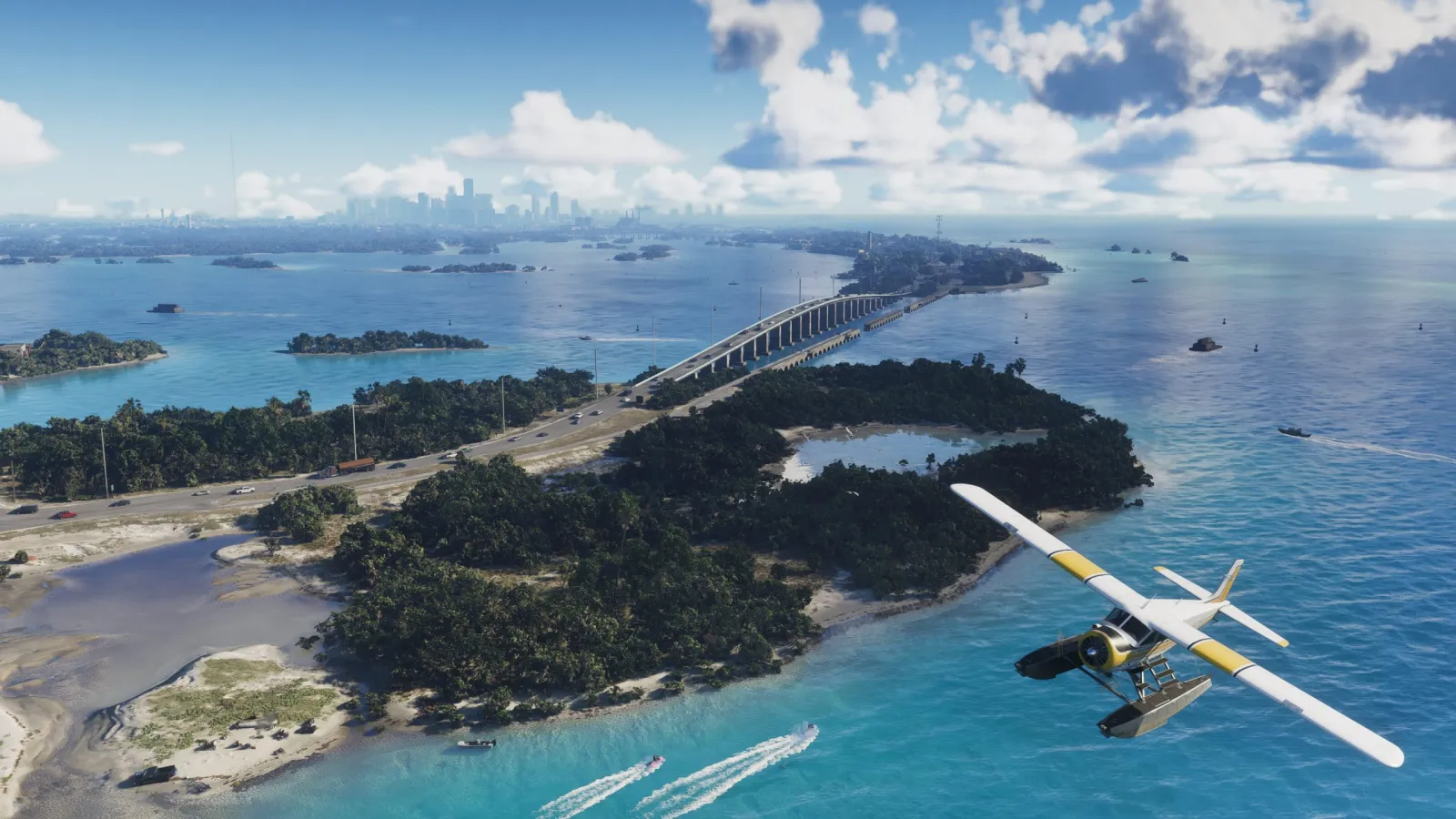 A sweeping aerial of the Leonida Keys in GTA 6, a long causeway bridge linking islands