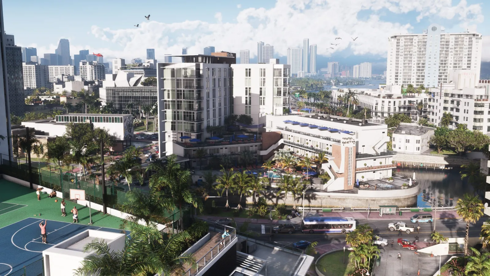 A daytime aerial of Vice City in GTA 6, showing dense blocks and the distant downtown skyline